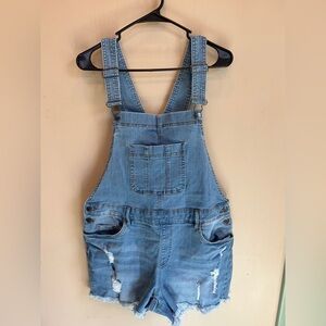 Distressed Light Blue Denim Short Overalls